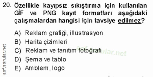 20. soru: Özellikle kayıpsız sıkıştırma için kullanılan GIF ve PNG kayıt formatları aşağıdaki çalışmalardan hangisi için tavsiy…