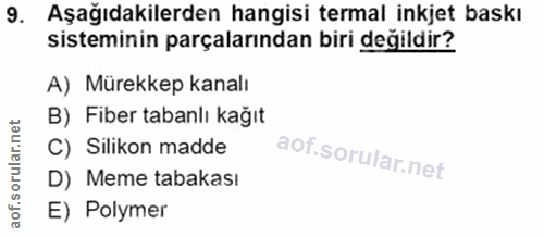 9. soru: Aşağıdakilerden hangisi termal inkjet baskı sisteminin parçalarından biri değildir? A) Mürekkep kanalı B) Fiber taban…