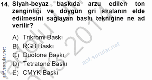 14. soru: Siyah-beyaz "baskıda arzu edilen ton zenginliği ve doygun gri kalanın elde edilmesini sağlayan baskı tekniğine ne ad…
