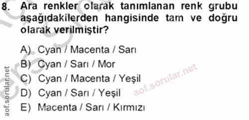8. soru: Ara renkler olarak tanımlanan renk grubu aşağıdakilerden hangisinde tam ve doğru olarak verilmiştir? A), Cyan / Macen…