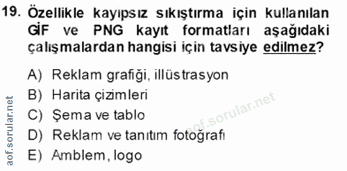 19. soru: Özellikle kayıpsız sıkıştırma için kullanılan GIF ve PNG kayıt formatları aşağıdaki çalışmalardan hangisi için tavsiy…