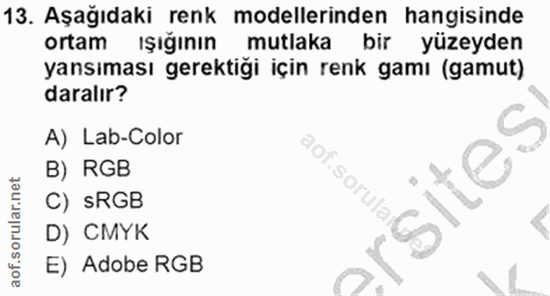 13. soru: Aşağıdaki renk modellerinden hangisinde ortam ışığının mutlaka bir yüzeyden yansıması gerektiği için renk gamı (gamut…