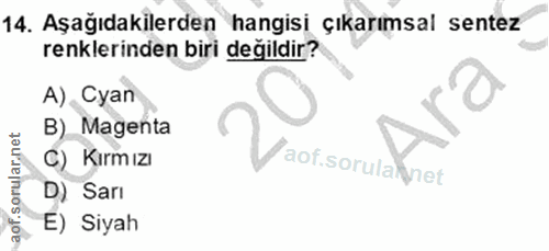14. soru: Aşağıdakilerden hangisi çıkarımsal sentez renklerinden biri değildir? A),Cyan Ara B)_ Magenta C) Kırmızı aof.sorulahn…