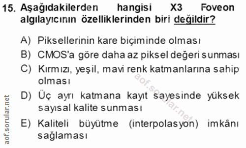 15. soru: Aşağıdakilerden hangisi X3 Foveon algılayıcının özelliklerinden biri değildir? A) Piksellerinin kare biçiminde olması…