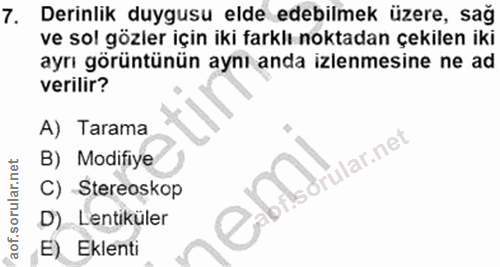 7. soru: Derinlik duygusu elde edebilmek üzere, sağ ve sol gözler için iki farklı noktadan çekilen iki ayrı görüntünün aynı an…