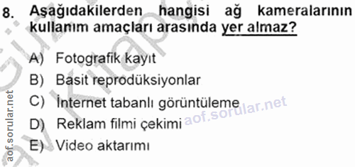 8. soru: Aşağıdakilerden hangisi ağ kameralarının kullanım amaçları arasında yer almaz? A) Fotografik kayıt B) Basit reprodüks…