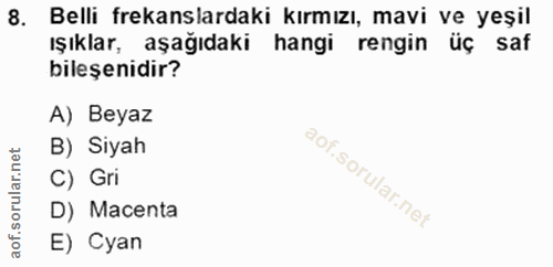 8. soru: Belli frekanslardaki kırmızı, mavi ve yeşil ışıklar, aşağıdaki hangi rengin üç saf bileşenidir? A) Beyaz B) Siyah C)…