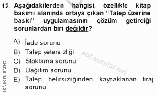 12. soru: Aşağıdakilerden hangisi, özellikle kitap basımı alanında ortaya çıkan "Talep üzerine baskı" uygulamasının çözüm getir…