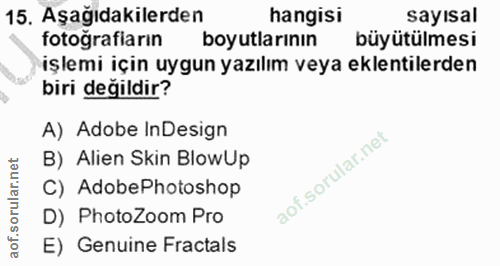 15. soru: Aşağıdakilerden hangisi sayısal fotografiarın boyutlarının büyütülmesi işlemi için uygun yazılım veya eklentilerden b…