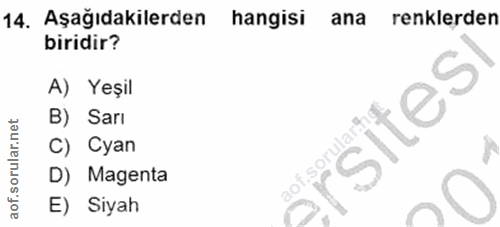 14. soru: Aşağıdakilerden hangisi ana renklerden biridir? A) Yeşil B) Sari sites C) Cyan aof.sorulart D) Magenta E) Siyah