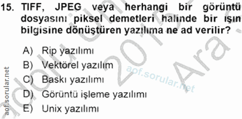 15. soru: TIFF, JPEG veya herhangi bir görüntü dosyasını piksel demetleri halinde bir ışın bilgisine dönüştüren yazılıma ne ad…