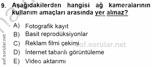 9. soru: Aşağıdakilerden hangisi ağ kameralarının kullanım amaçları arasında yer almaz? A) Fotografik kayıt B) Basit reprodüks…