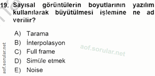 19. soru: Sayısal görüntülerin boyutlarının yazılım kullanılarak büyütülmesi işlemine ne ad verilir? A) Tarama B) İnterpolasyon…