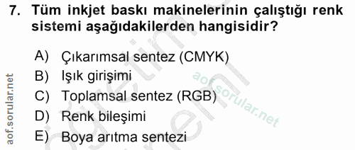 7. soru: Tüm inkjet baskı makinelerinin çalıştığı renk sistemi aşağıdakilerden hangisidir? A) Çıkarımsal sentez (CMYK) B) Işık…