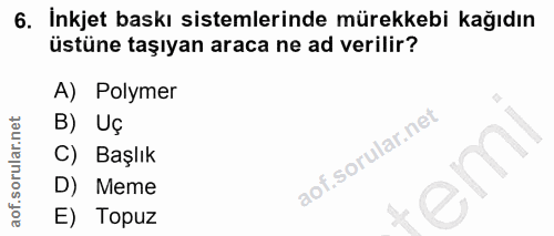 6. soru: İnkjet baskı sistemlerinde mürekkebi kağıdın üstüne taşıyan araca ne ad verilir? A) Polymer B) Uç C) Başlık em D) Mem…
