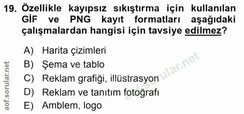 19. soru: Özellikle kayıpsız sıkıştırma için kullanılan GIF ve PNG kayıt formatları aşağıdaki çalışmalardan hangisi için tavsiy…