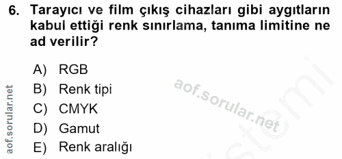 6. soru: Tarayıcı ve film çıkış cihazları gibi aygıtların kabul ettiği renk sınırlama, tanıma limitine ne ad verilir? A) RGB B…