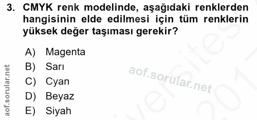 3. soru: CMYK renk modelinde, aşağıdaki renklerden hangisinin elde edilmesi için tüm renklerin yüksek değer taşıması gerekir?…