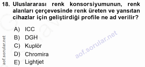 18. soru: Uluslararası renk konsorsiyumunun, renk alanları çerçevesinde renk üreten ve yansıtan cihazlar için geliştirdiği prof…