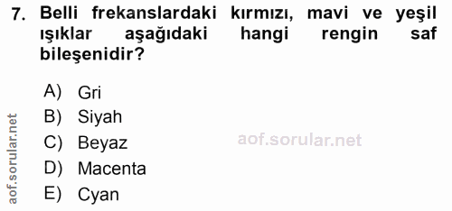 7. soru: Belli frekanslardaki kırmızı, mavi ve yeşil ışıklar aşağıdaki hangi rengin bileşenidir? A) Gri B) Siyah C) Beyaz D) M…