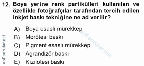12. soru: Boya yerine renk partikülleri kullanılan ve özellikle fotoğrafçılar tarafından tercih edilen inkjet baskı tekniğine n…