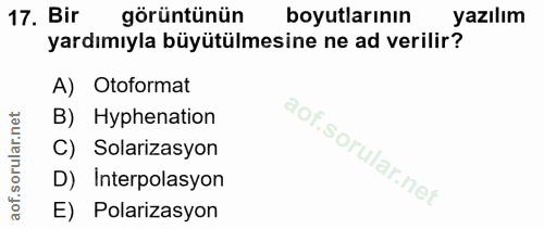 17. soru: Bir görüntünün boyutlarının yazılım yardımıyla büyütülmesine ne ad verilir? A) Otoformat B) Hyphenation C) Solarizasy…
