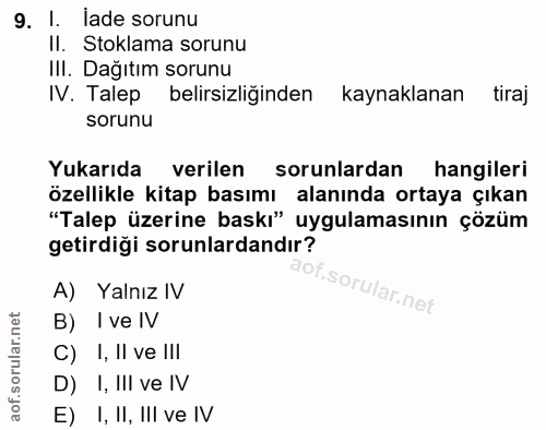 9. soru: I. İade sorunu II. Stoklama sorunu II. Dağıtım sorunu IV. Talep belirsizliğinden kaynaklanan tiraj sorunu Yukarıda ve…