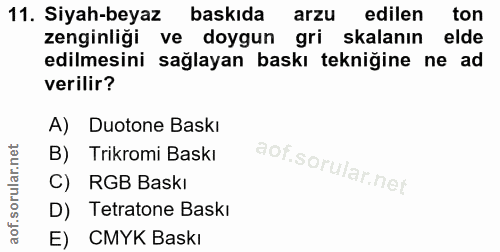 11. soru: Siyah-beyaz baskıda arzu edilen ton zenginliği ve doygun gri kalanın elde edilmesini sağlayan baskı tekniğine ne ad v…