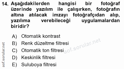 14. soru: Aşağıdakilerden hangisi bir fotoğraf üzerinde yazılım ile çalışırken, fotoğrafın altına atılacak imzayı fotoğrafçıdan…