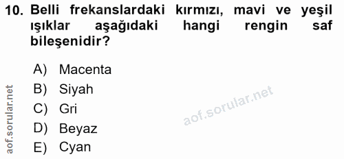 10. soru: Belli frekanslardaki kırmızı, mavi ve yeşil ışıklar aşağıdaki hangi rengin saf bileşenidir? A) Macenta B) Siyah C) Gr…