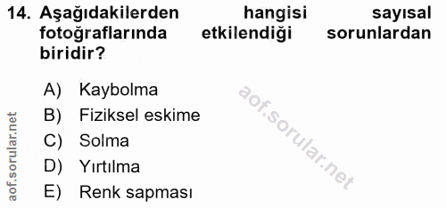 14. soru: Aşağıdakilerden hangisi sayısal fotoğraflarında etkilendiği sorunlardan biridir? A) Kaybolma B) Fiziksel eskime C) So…