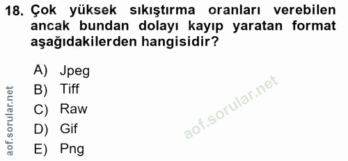 18. soru: Çok yüksek sıkıştırma oranları verebilen ancak bundan dolayı kayıp yaratan format aşağıdakilerden hangisidir? A) Jpeg…