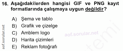 16. soru: Aşağıdakilerden hangisi GIF ve PNG kayıt formatlarında çalışmaya uygun değildir? A) Şema ve tablo B) Grafik ve çizelg…