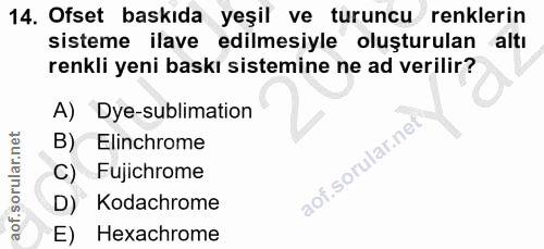 14. soru: Ofset baskıda yeşil ve turuncu renklerin sisteme ilave edilmesiyle oluşturulan altı renkli yeni baskı sistemine ne ad…