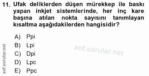 11. soru: Ufak deliklerden düşen mürekkep ile baskı yapan inkjet sistemlerinde, her inç kare başına atılan nokta sayısını tanım…