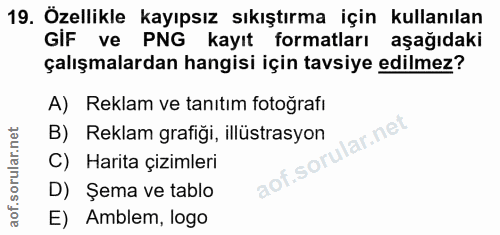 19. soru: Özellikle kayıpsız sıkıştırma için kullanılan GIF ve PNG kayıt formatları aşağıdaki çalışmalardan hangisi için tavsiy…