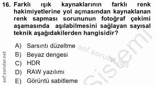 16. soru: Farklı ışık kaynaklarının farklı renk hakimiyetlerine yol açmasından kaynaklanan renk sapması sorununun fotoğraf çeki…