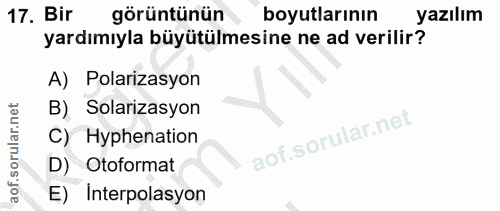 17. soru: Bir görüntünün boyutlarının yazılım yardımıyla büyütülmesine ne ad verilir? A) Polarizasyon B) Solarizasyon C) Hyphen…