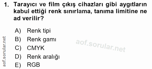 1. soru: Tarayıcı ve film çıkış cihazları gibi aygıtların kabul ettiği renk sınırlama, tanıma limitine ne ad verilir? A) Renk…