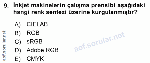 9. soru: İnkjet makinelerin çalışma prensibi aşağıdaki hangi renk sentezi üzerine kurgulanmıştır? A) CIELAB B) RGB C) sRGB D)…