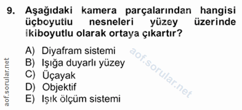 9. soru: Aşağıdaki kamera parçalarından hangisi üçboyutiu nesneleri yüzey üzerinde ikiboyutlu olarak ortaya çıkartır? A) Diyaf…