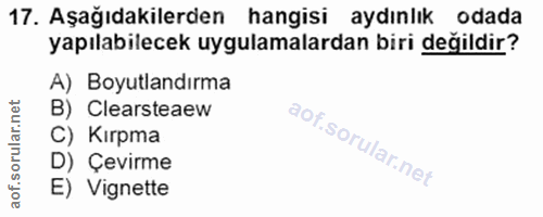 17. soru: Aşağıdakilerden hangisi aydınlık odada yapılabilecek uygulamalardan biri değildir? A) Boyutlandırma B) Clearsteaew C)…