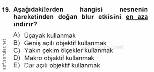 19. soru: Aşağıdakilerden hangisi nesnenin hareketinden doğan blur etkisini en aza indirir? A) Uçayak kullanmak B) Geniş açılı…