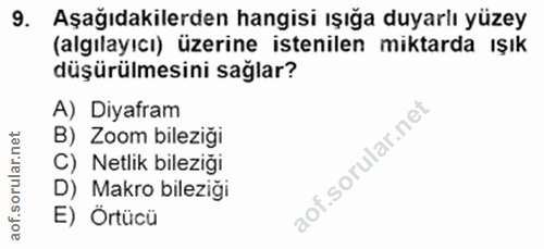9. soru: Aşağıdakilerden hangisi ışığa duyarlı yüzey (algılayıcı) üzerine istenilen miktarda ışık düşürülmesini sağlar? A) Diy…