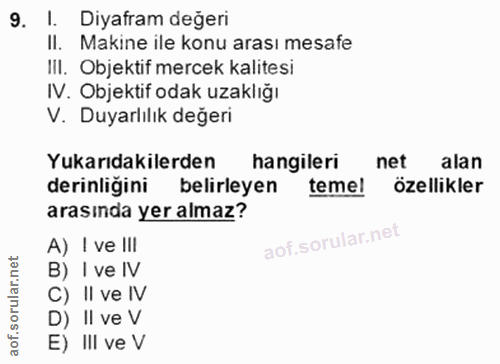 9. soru: I. Diyafram değeri II. Makine ile konu arası mesafe II. Objektif mercek kalitesi IV. Objektif odak uzaklığı V. Duyarl…