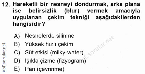 12. soru: Hareketli bir nesneyi dondurmak, arka plana ise belirsizlik (blur) vermek amaciyla uygulanan çekim tekniği aşağıdakil…