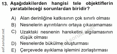 13. soru: Aşağıdakilerden hangisi tele objektiflerin yaratabileceği sorunlardan biridir? A) Alan derinligine katkısının çok sın…