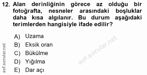 12. soru: Alan derinliğinin görece az olduğu bir fotoğrafta, nesneler arasındaki boşluklar daha kısa algılanır. Bu durum aşağıd…