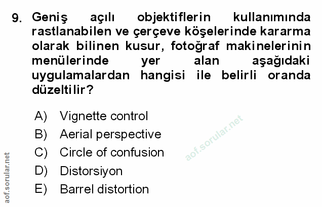 9. soru: Geniş açılı objektiflerin kullanımında rastlanabilen ve çerçeve köşelerinde kararma olarak bilinen kusur, fotoğraf ma…