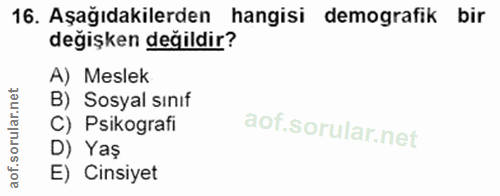 16. soru: Aşağıdakilerden hangisi demografik bir değişken değildir? A) Meslek B) Sosyal sınıf C) Psikografi D) Yaş E) Cinsiyet